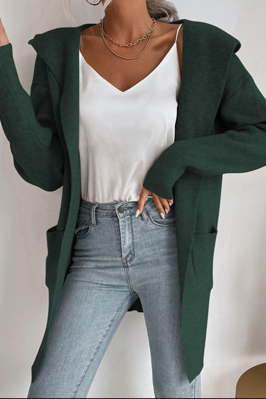 R&B | geripptes offen-front Cardigan mit Kapuze und Taschen