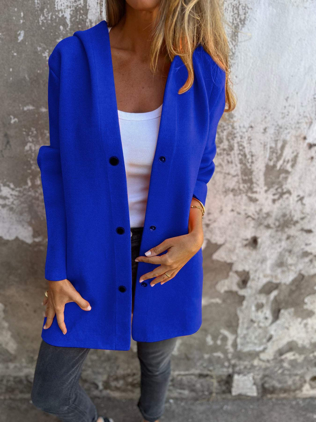 R&B | Lange Jacke Wollmischung Knopfverschluss mit Kapuze Bequeme Passform