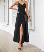 R&B | V-Ausschnitt Hosenträger ärmellos sexy rückenfreies farblich passendes Kleid