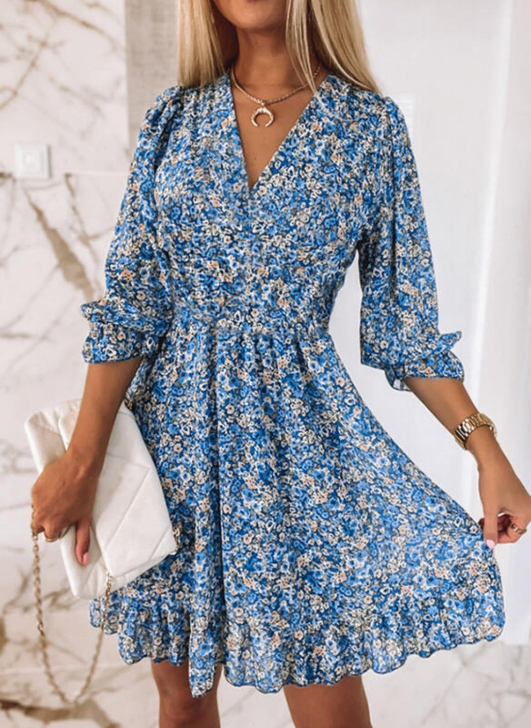 R&B | Mittellanges Kleid mit V-Ausschnitt und böhmischem Print für Damen