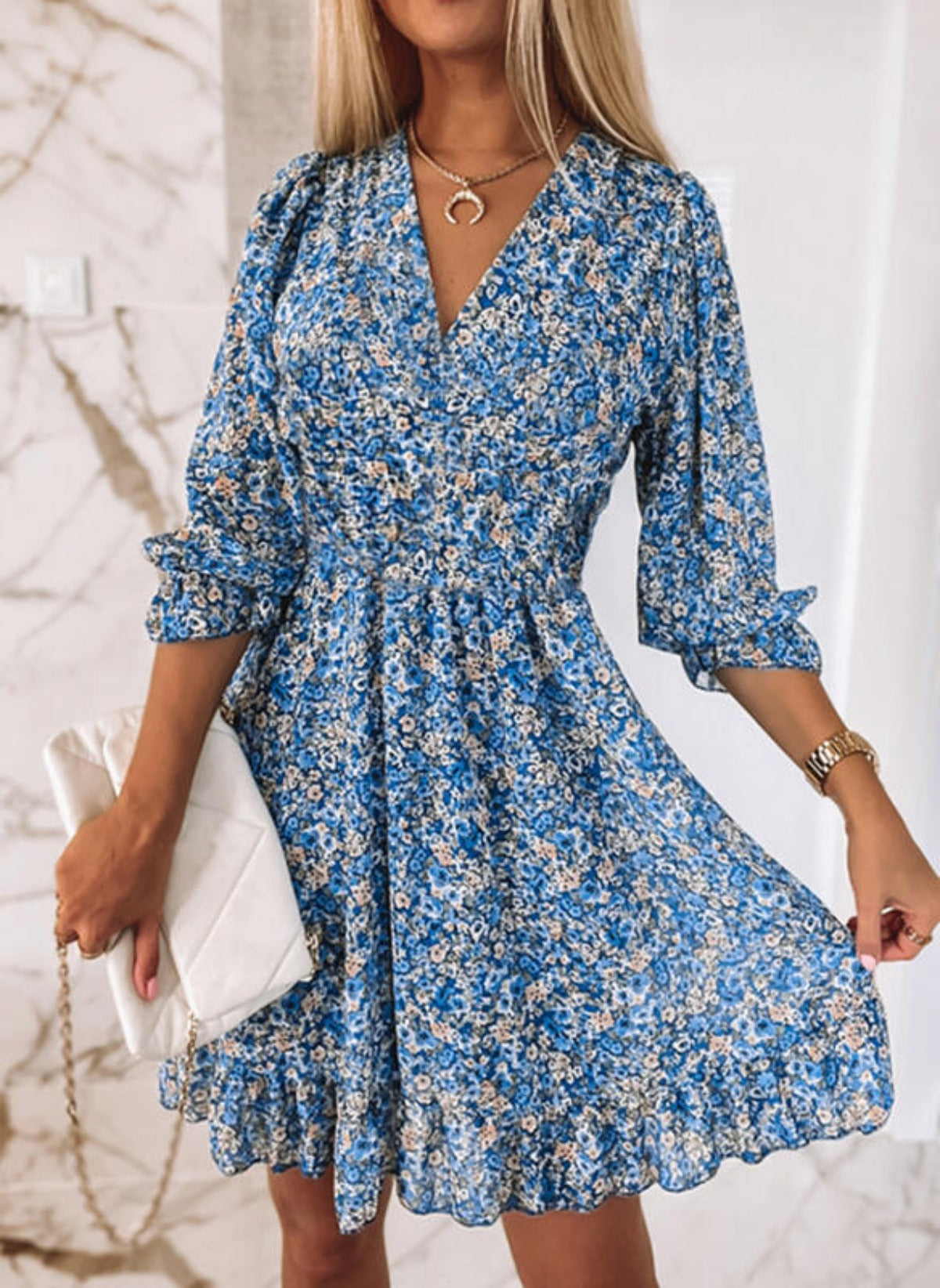 R&B | Mittellanges Kleid mit V-Ausschnitt und böhmischem Print für Damen