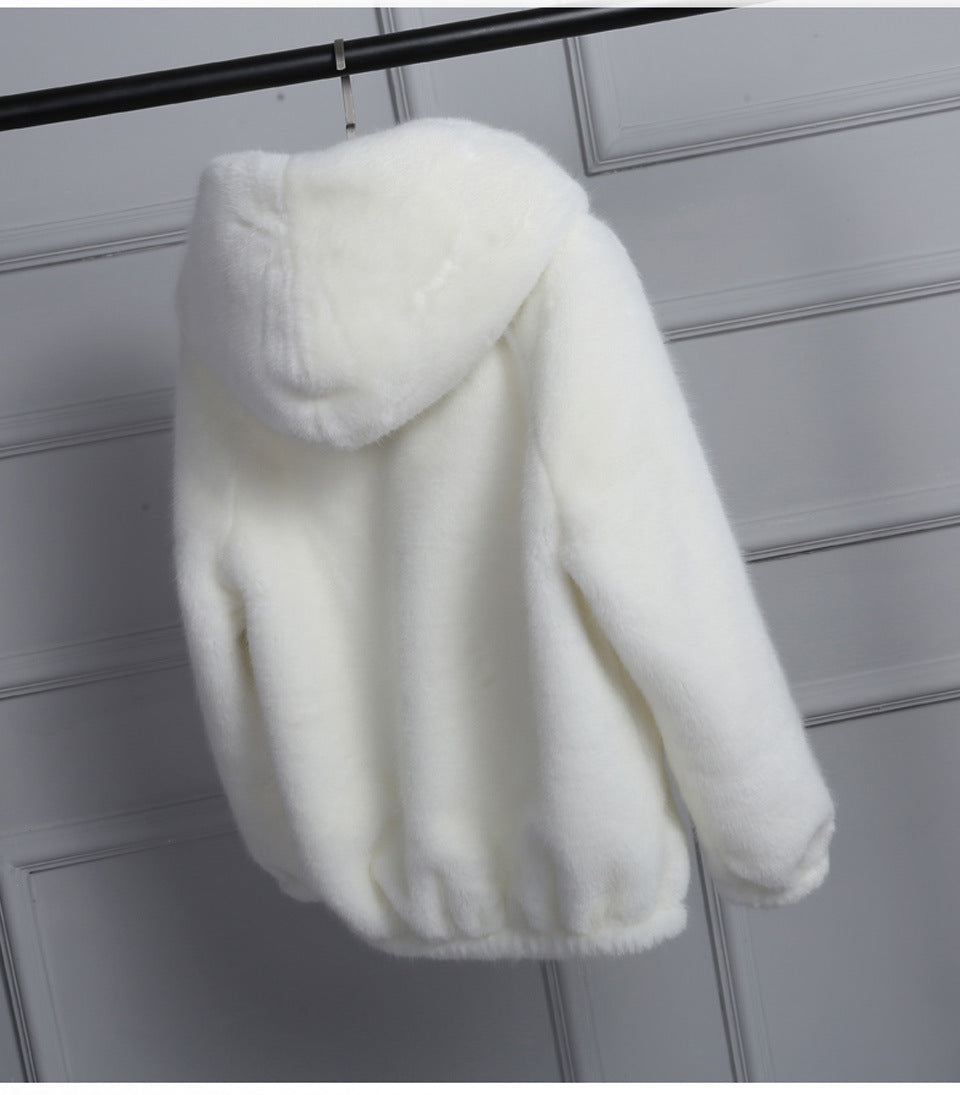 Damen Plüschjacke mit Kapuze und hochwertiger Fleece-Oberfläche R&B