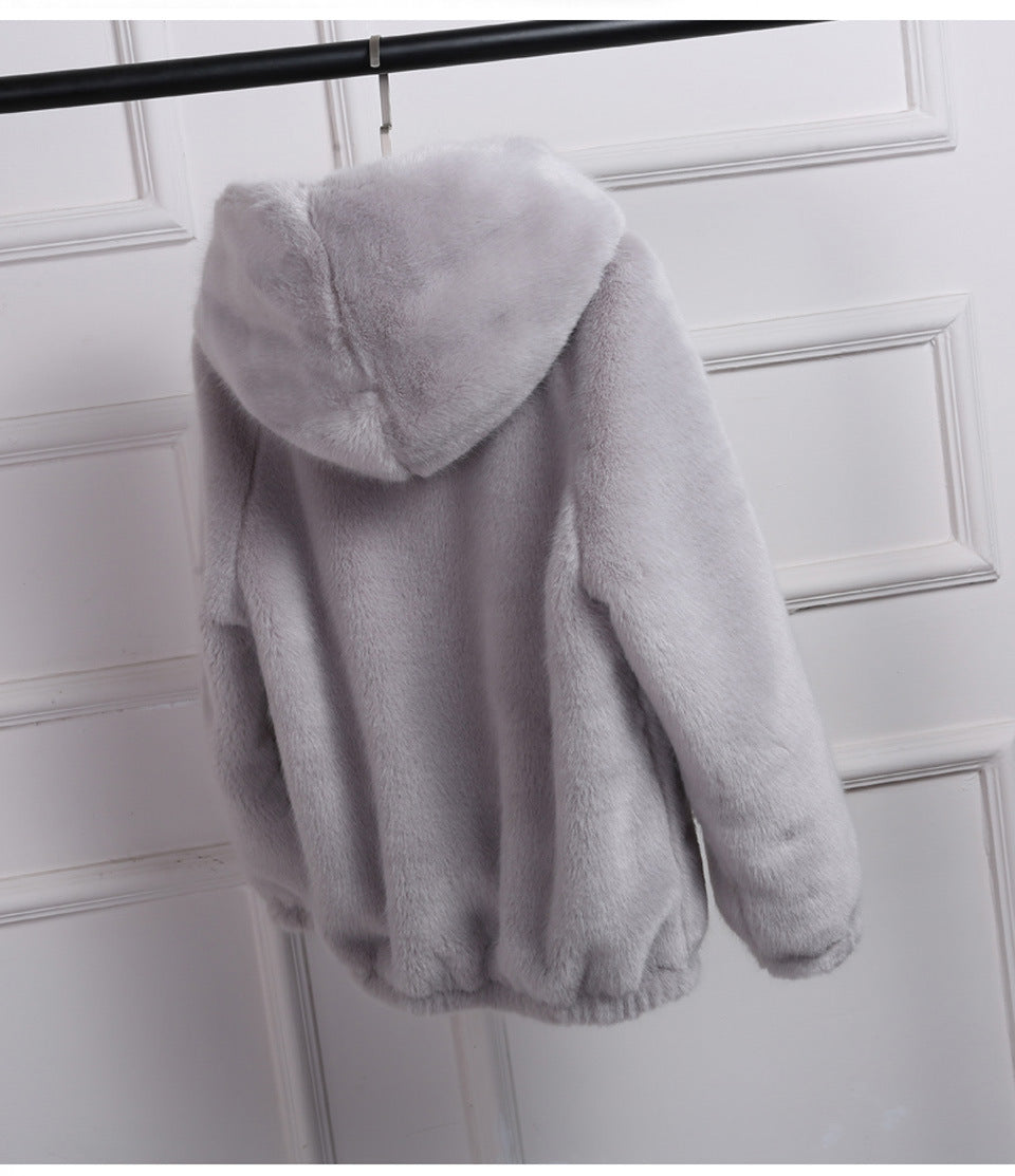 Damen Flauschige Kapuzenjacke aus Kunstfell mit hochwertigem Reißverschluss R&B
