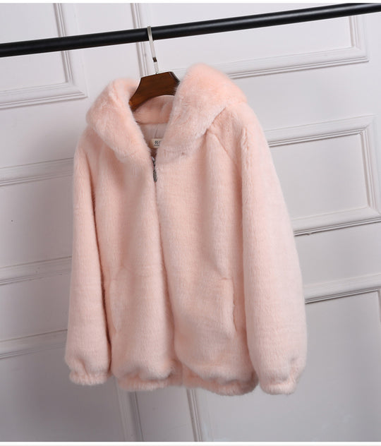 Damen Plüschjacke mit Kapuze und hochwertiger Fleece-Oberfläche R&B