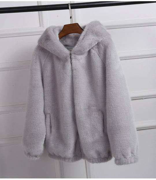Damen Flauschige Kapuzenjacke aus Kunstfell mit hochwertigem Reißverschluss R&B