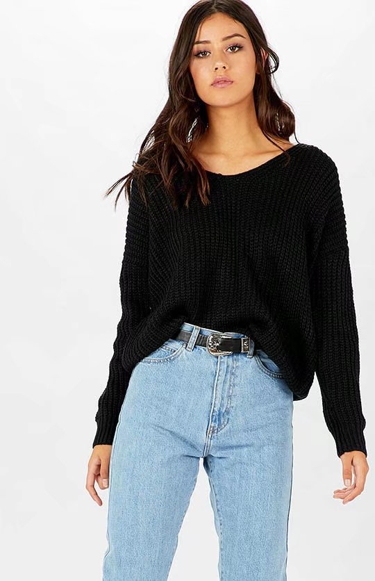 Damen Grobstrickpullover mit lockerer Passform und tiefem Rundhalsausschnitt