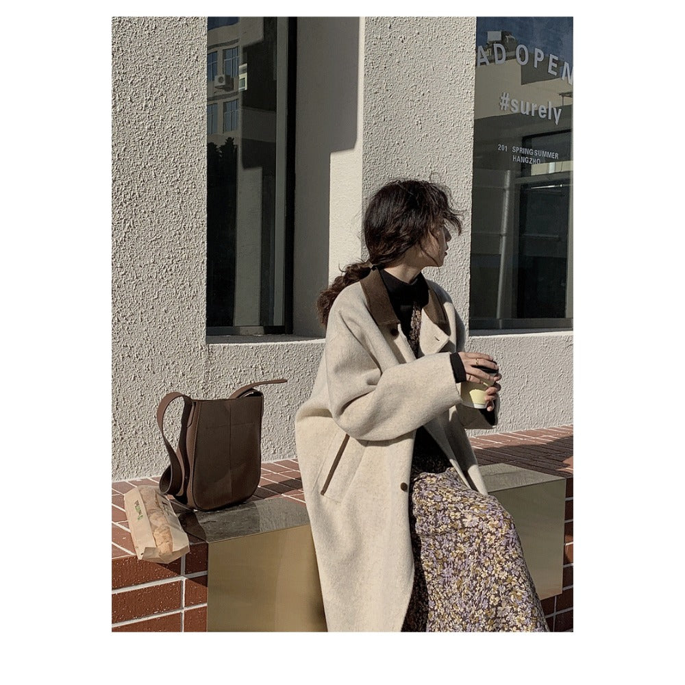 R&B | Wollmischung Lange Jacke mit Braunem Kragen für Damen