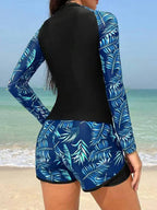 R&B | Langarm Print Spleißen Doppelhose Tankini Badeanzug
