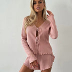 R&B | Langärmeliges Top mit Schnürsenkeln und Shorts Set