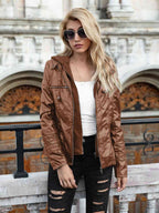 R&B | PU-Jacke mit Kapuze und durchgehendem Reißverschluss