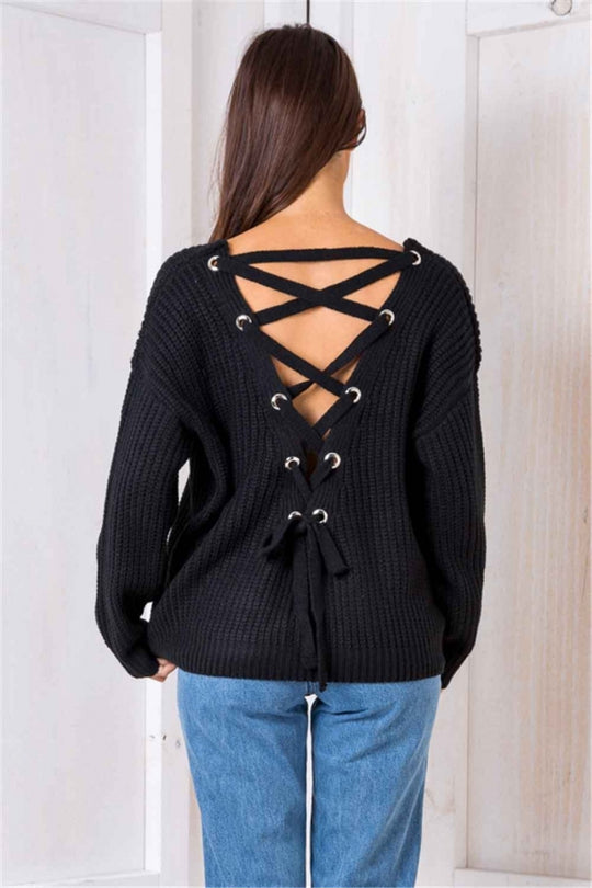 Damen Strickpullover mit seitlichem Schnürdesign und Loose Fit R&B