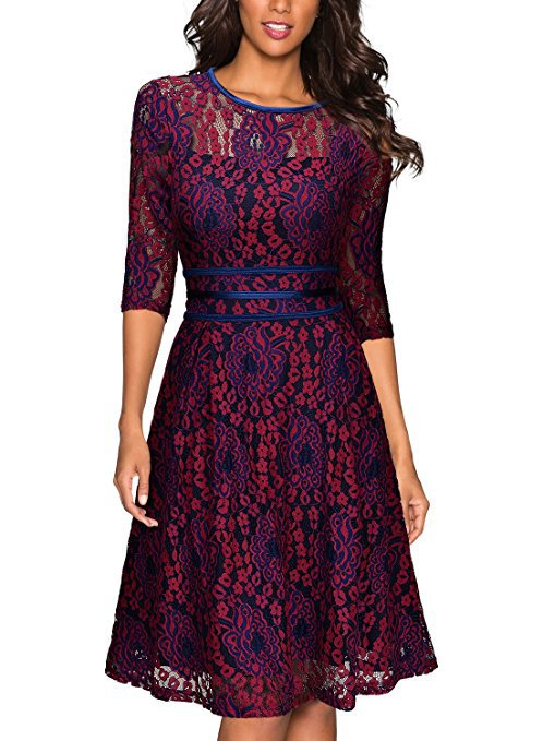 Damen Spitzenkleid mit eleganter Taillenschnürung und schwingendem Rock R&B