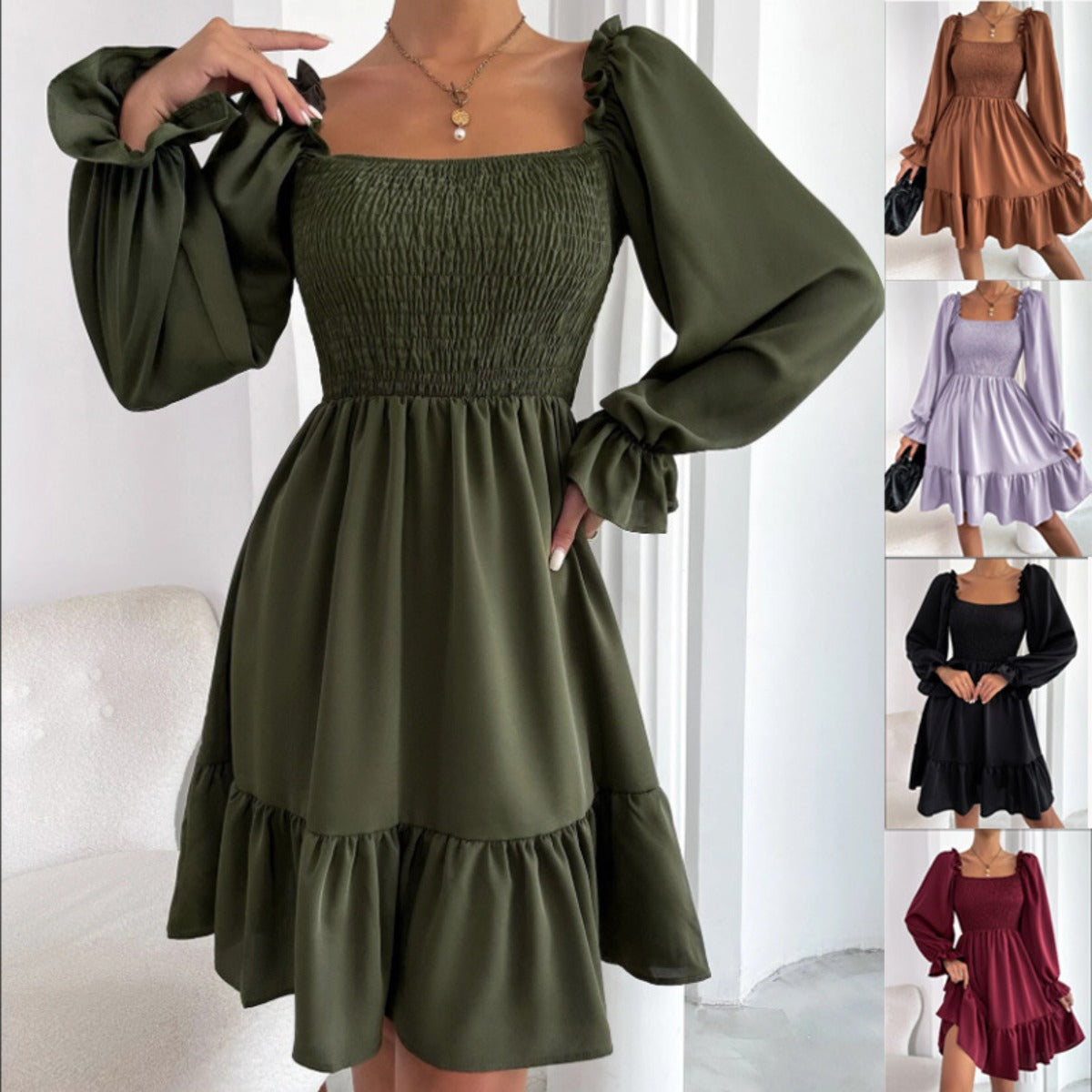 R&B | Paralleles Krepp genähtes Kleid mit Rüschensaum