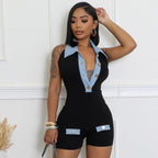 R&B | Polokragen Denim kontrastierenden Jumpsuit Shorts