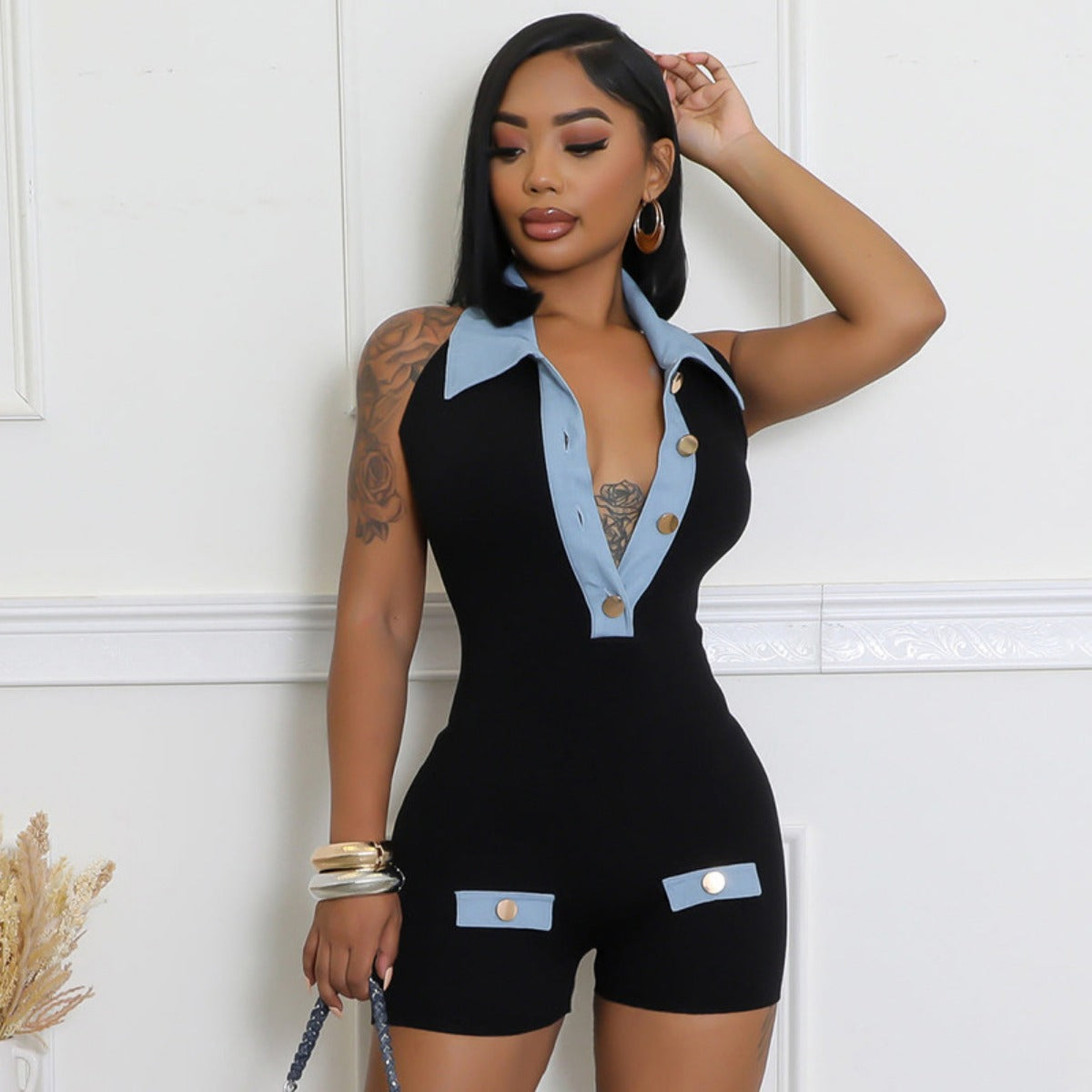 R&B | Polokragen Denim kontrastierenden Jumpsuit Shorts
