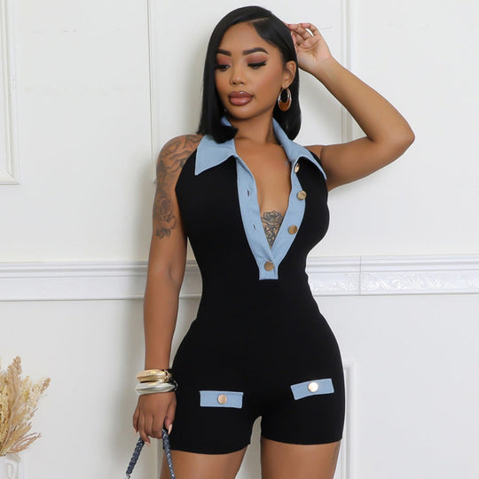 R&B | Polokragen Denim kontrastierenden Jumpsuit Shorts