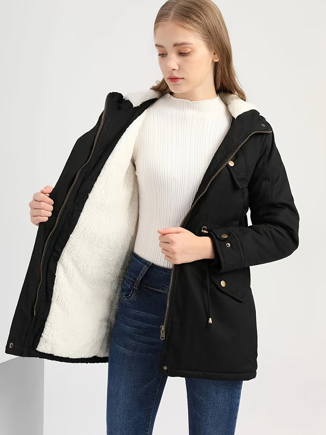R&B | Schwarze Winterjacke mit Kapuze für Damen Ideal für Herbst Winter
