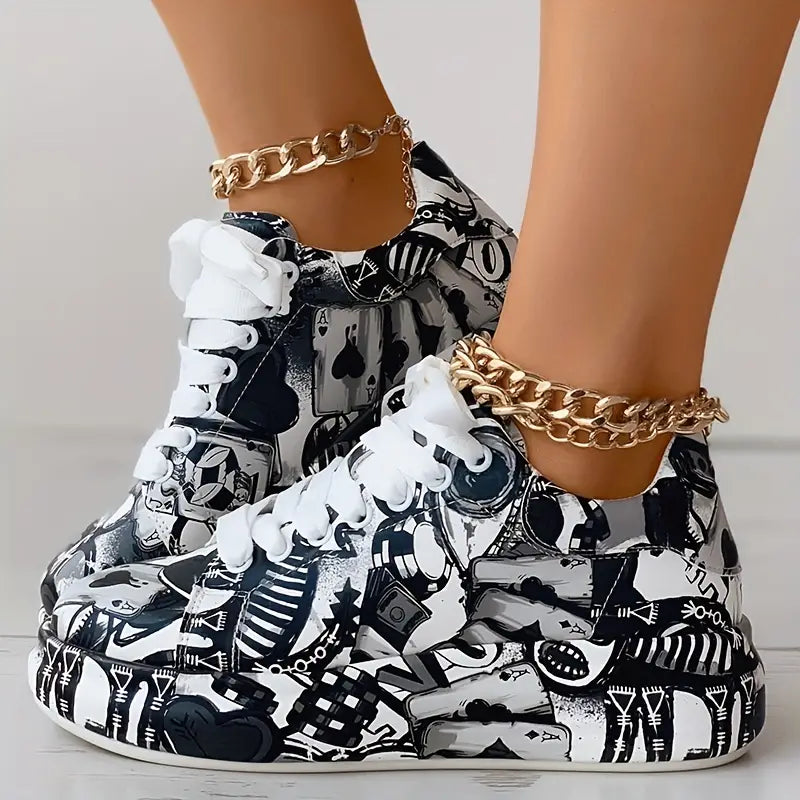 Damen Graffiti Druck Lage Turnschuhe