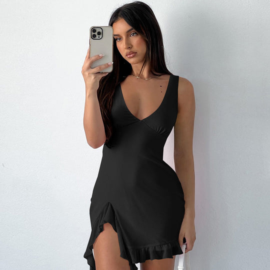 R&B | Kleid mit Hosenträgern und V-Ausschnitt mit Fransen