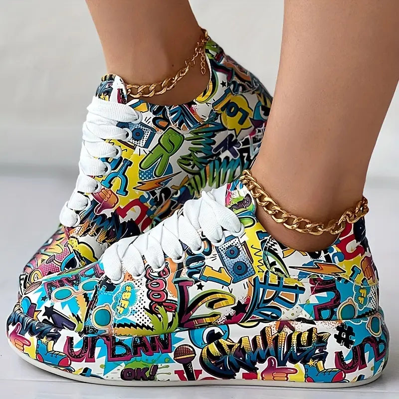 Damen Graffiti Druck Lage Turnschuhe