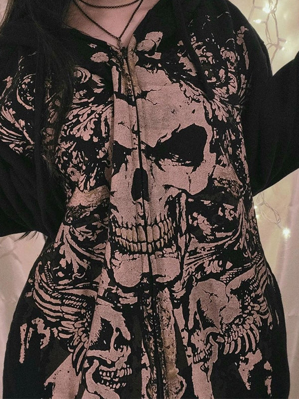 R&B | Vintage Schädelprint Oversized Hoodie mit Reißverschluss
