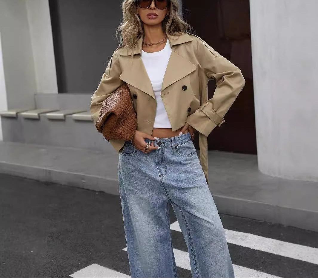 R&B | Khaki Crop Trenchcoat - Eleganter Gurtstil