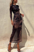 R&B | Charm Lady Mesh Overlay Tie Dye Print Langarm Rüsch Stretch Midi Kleid