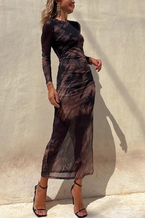 R&B | Charm Lady Mesh Overlay Tie Dye Print Langarm Rüsch Stretch Midi Kleid