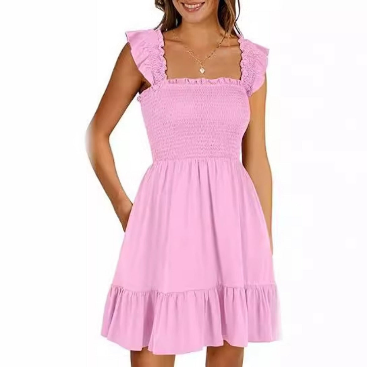 R&B | Ärmelloses kurzes Kleid mit eckigem Ausschnitt und plissiertem Rücken