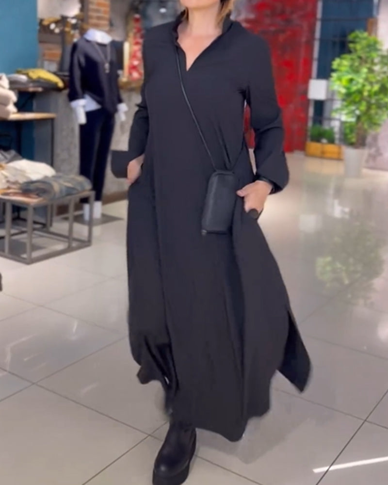 Evia | Lockeres langes Kleid mit Revers und Seitenschlitz