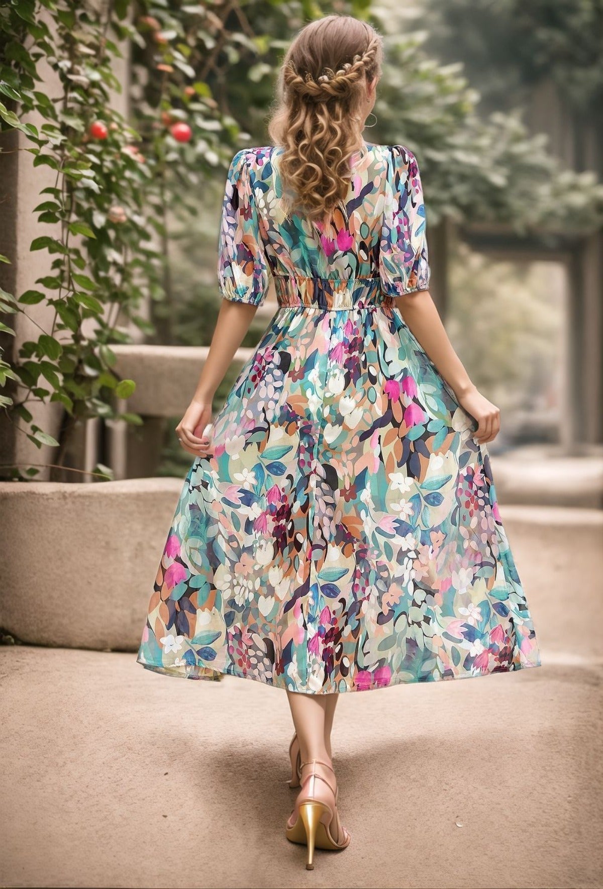 R&B | Bedrucktes Kleid mit V-Ausschnitt in der Taille