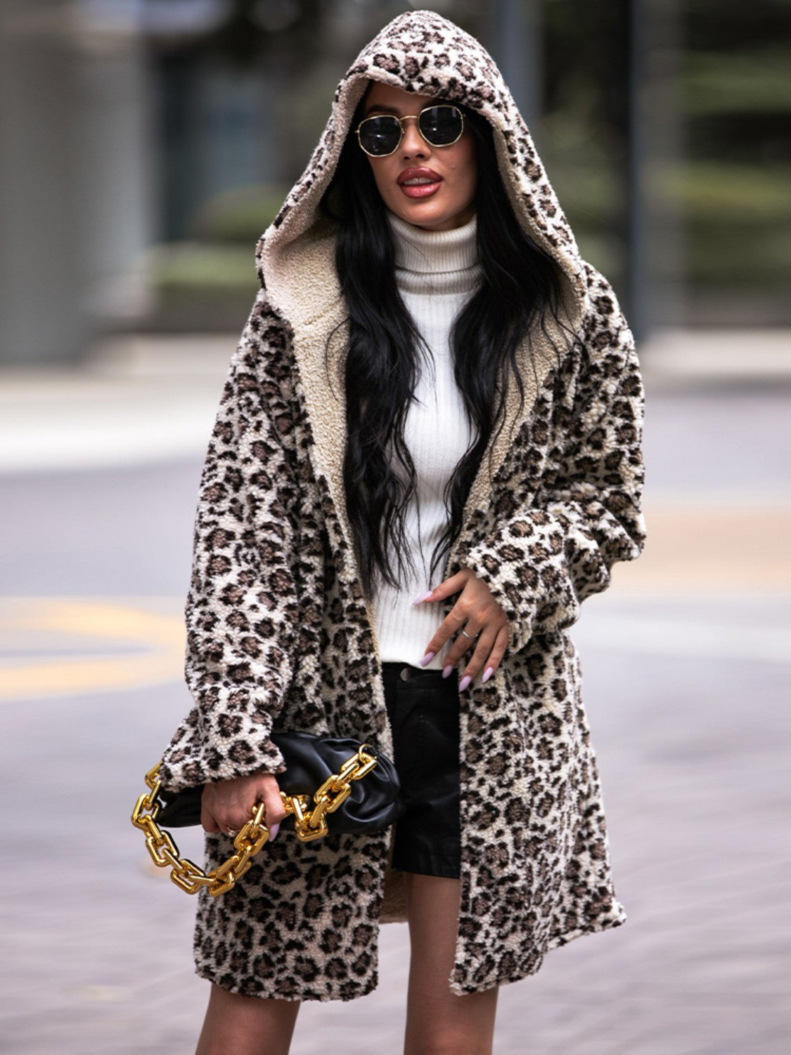 R&B | Leoparden Kapuzenmantel mit Taschen