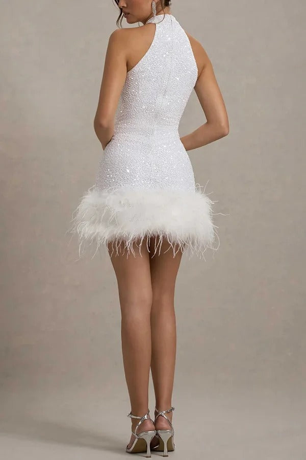 R&B | Strahlendes und Verspielt Pailletten Hochkragen Federbesatz Stretch Mini Kleid