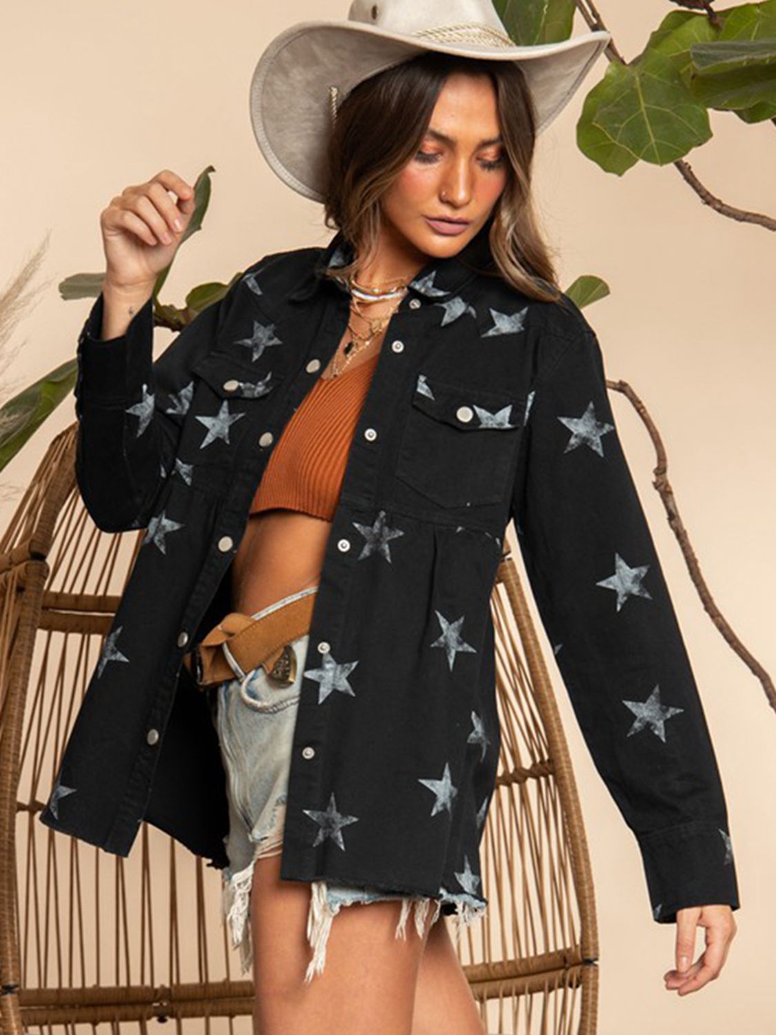 R&B | Kragenhals Sternmuster Langarm Denimjacke