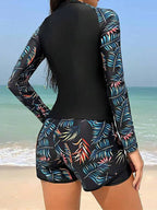 R&B | Langarm Print Spleißen Doppelhose Tankini Badeanzug