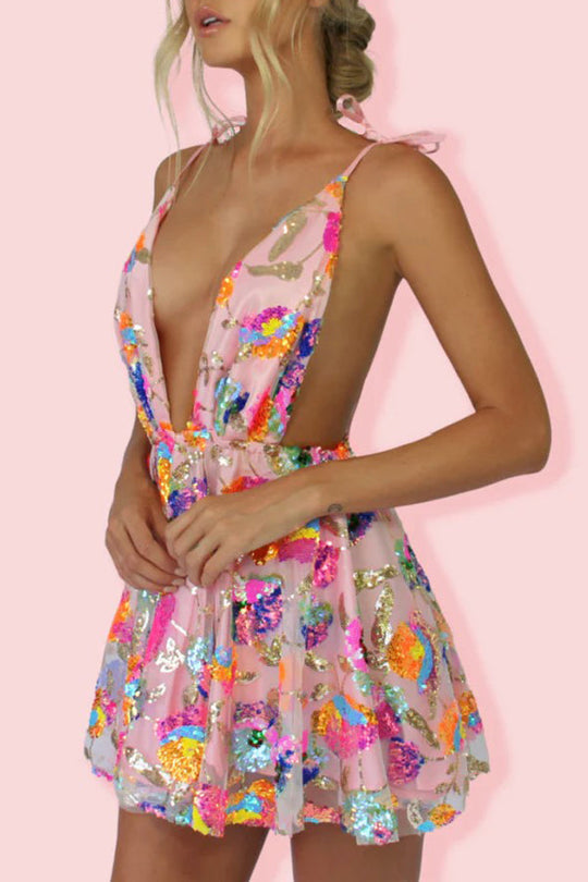 R&B | V-Ausschnitt Offene Rücken Pailletten Blumen Binde A-Linie Mini Kleid