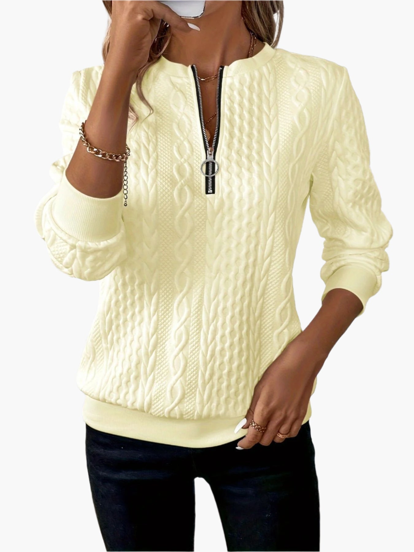 R&B | Strickpullover mit Zopfmuster und Reißverschluss - Modischer Freizeitpullover für Herbst und Winter