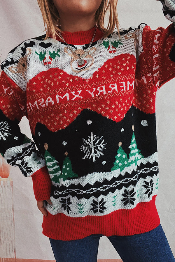 R&B | Weihnachtsmuster Gestrickter Rundhalsausschnitt Langarmpullover