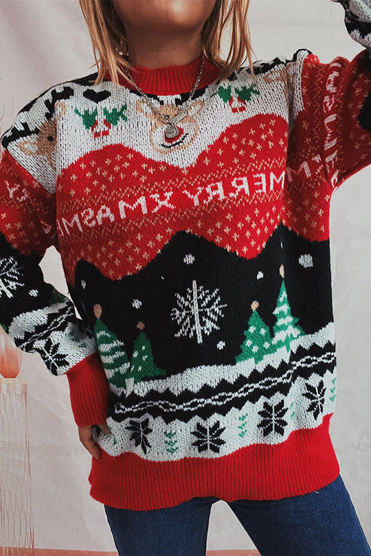 R&B | Weihnachtsmuster Gestrickter Rundhalsausschnitt Langarmpullover