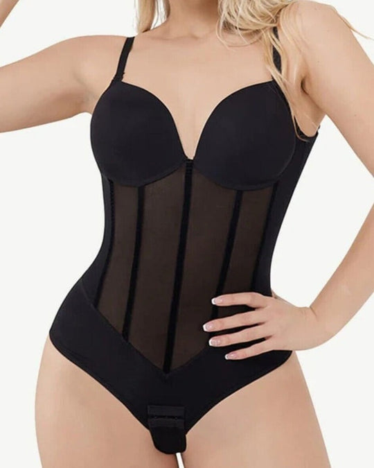 R&B | Damen Bauch Kontrolle Tanga Schiere Mesh Korsett Top Rückenfrei Bodysuit