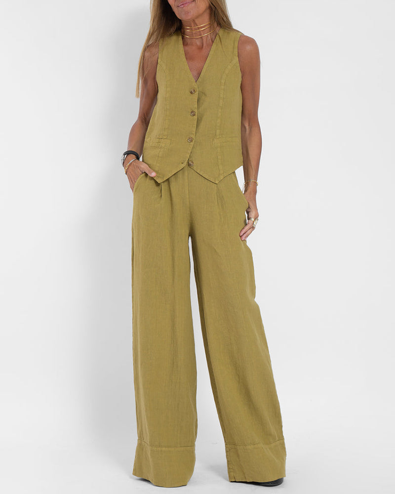 R&B | Elegantes 2-Teiliges Set Leinen Weite Hose & Weste
