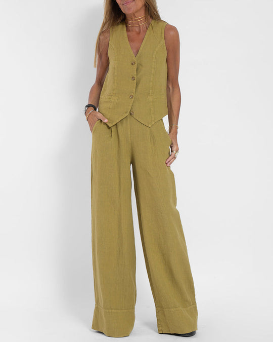 R&B | Elegantes 2-Teiliges Set Leinen Weite Hose & Weste