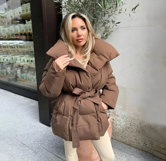 R&B | Gürtelte Pufferjacke Übergröße Kragen Wintermantel