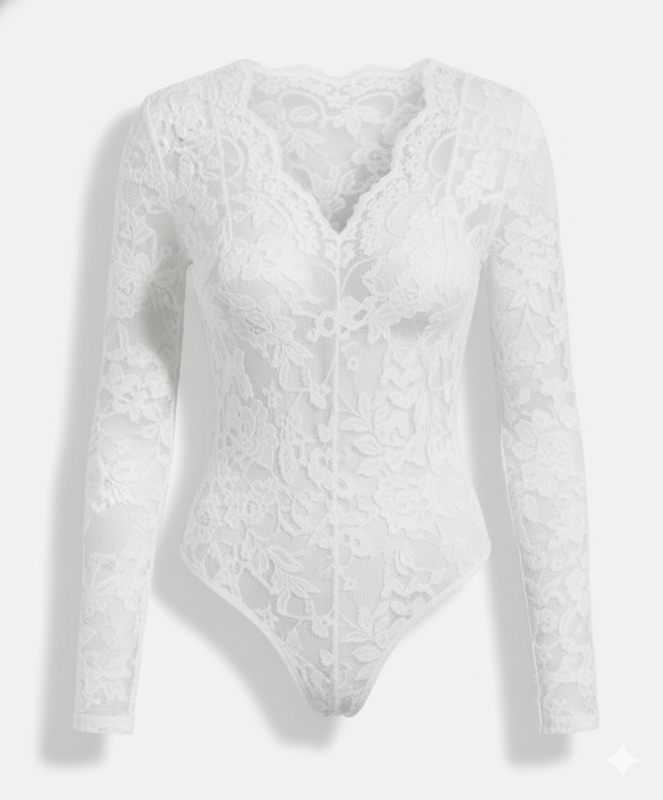 Damen Spitzenbody Langarm V-Ausschnitt | R&B