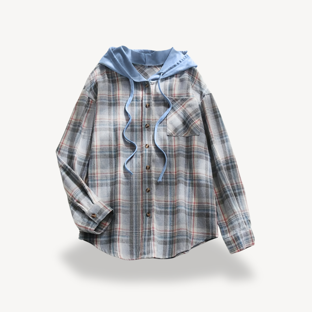 R&B | Damen Karierte Button-Down Hemdjacke mit Kapuze