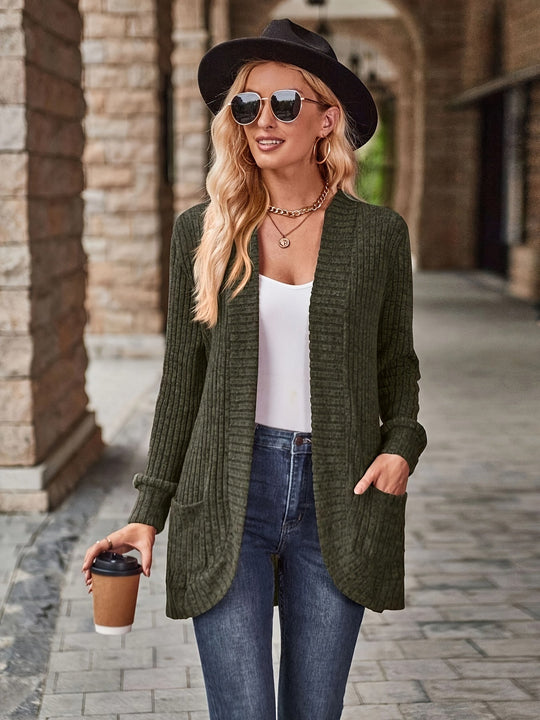 R&B | Damen Gerippter Offener Vorderseite Strickjacke Lange Ärmeln Lässig Strickpullover mit Taschen