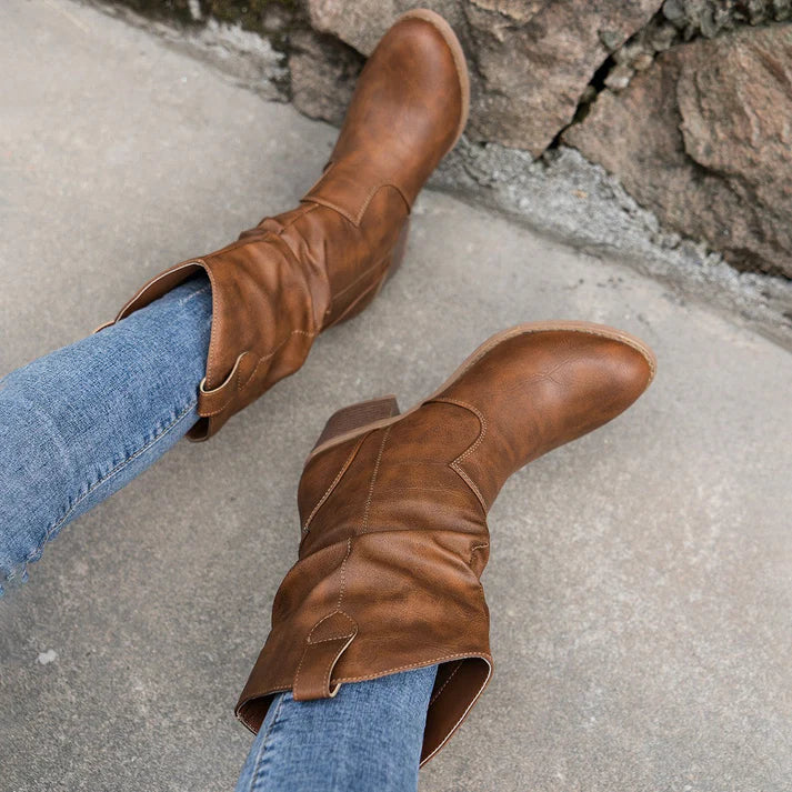 R&B | Leder Rutschfest Frauen Niedrige Ferse Cowboystiefel Abrela