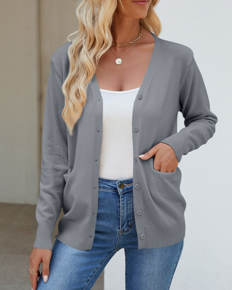 R&B | Strickjacke mit V-Ausschnitt, Knöpfen, langen Ärmeln und Taschen