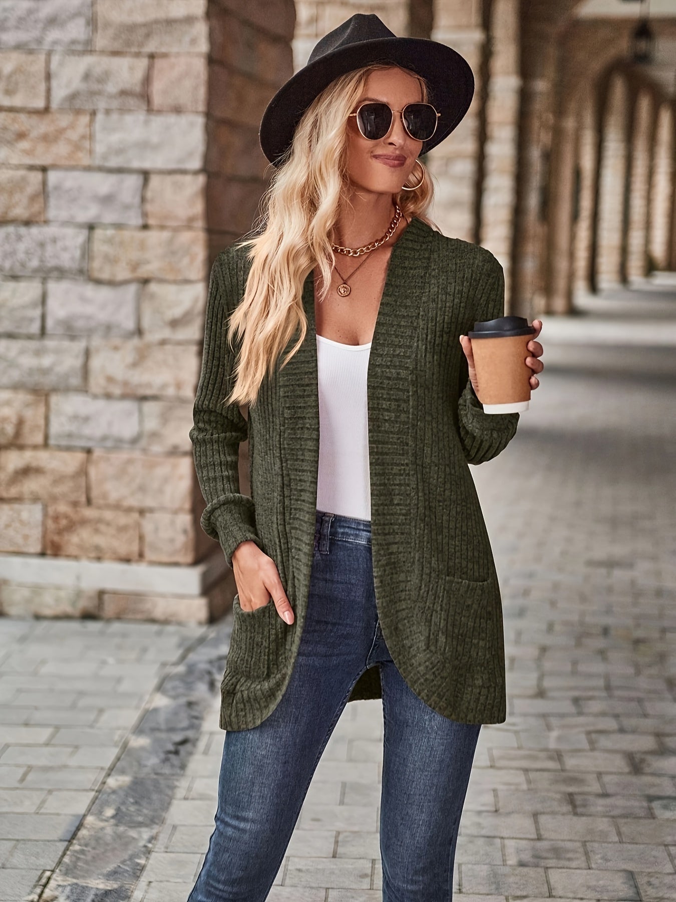 R&B | Damen Gerippter Offener Vorderseite Strickjacke Lange Ärmeln Lässig Strickpullover mit Taschen
