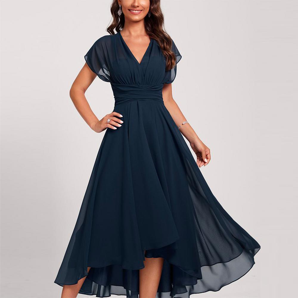 R&B | Blaue Midi-Kleid mit Kurzen Ärmeln und Gekrümmter Taille